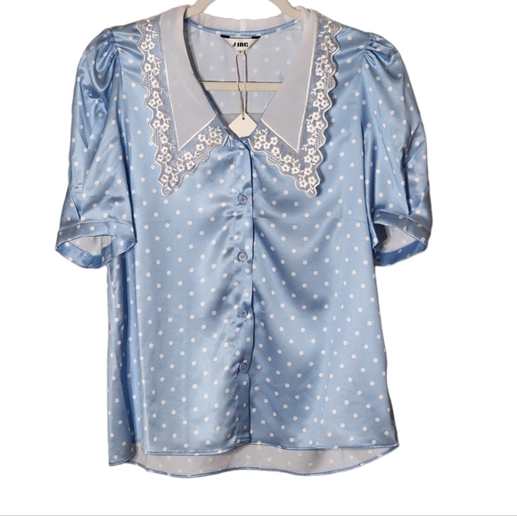 NWT J. ING Polka Dot Statement Collar Pajama Style Top Sz S blue white - Picture 1 of 9